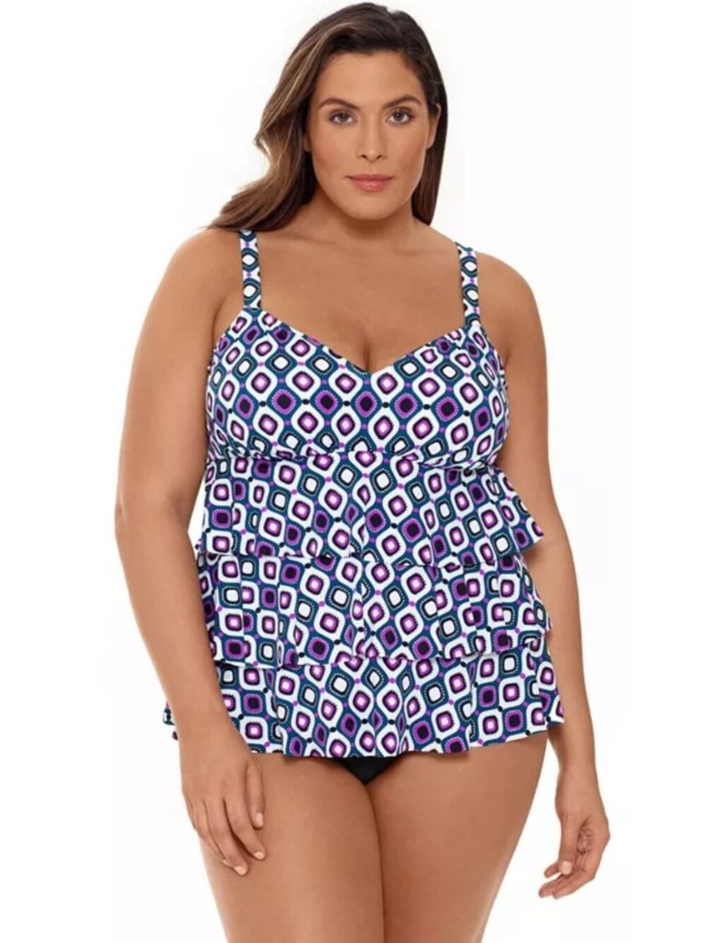 Swim Solutions Jewels Tiered Tummy Control Fauxkini 1-Piece Swimsuit Size 12 NWT